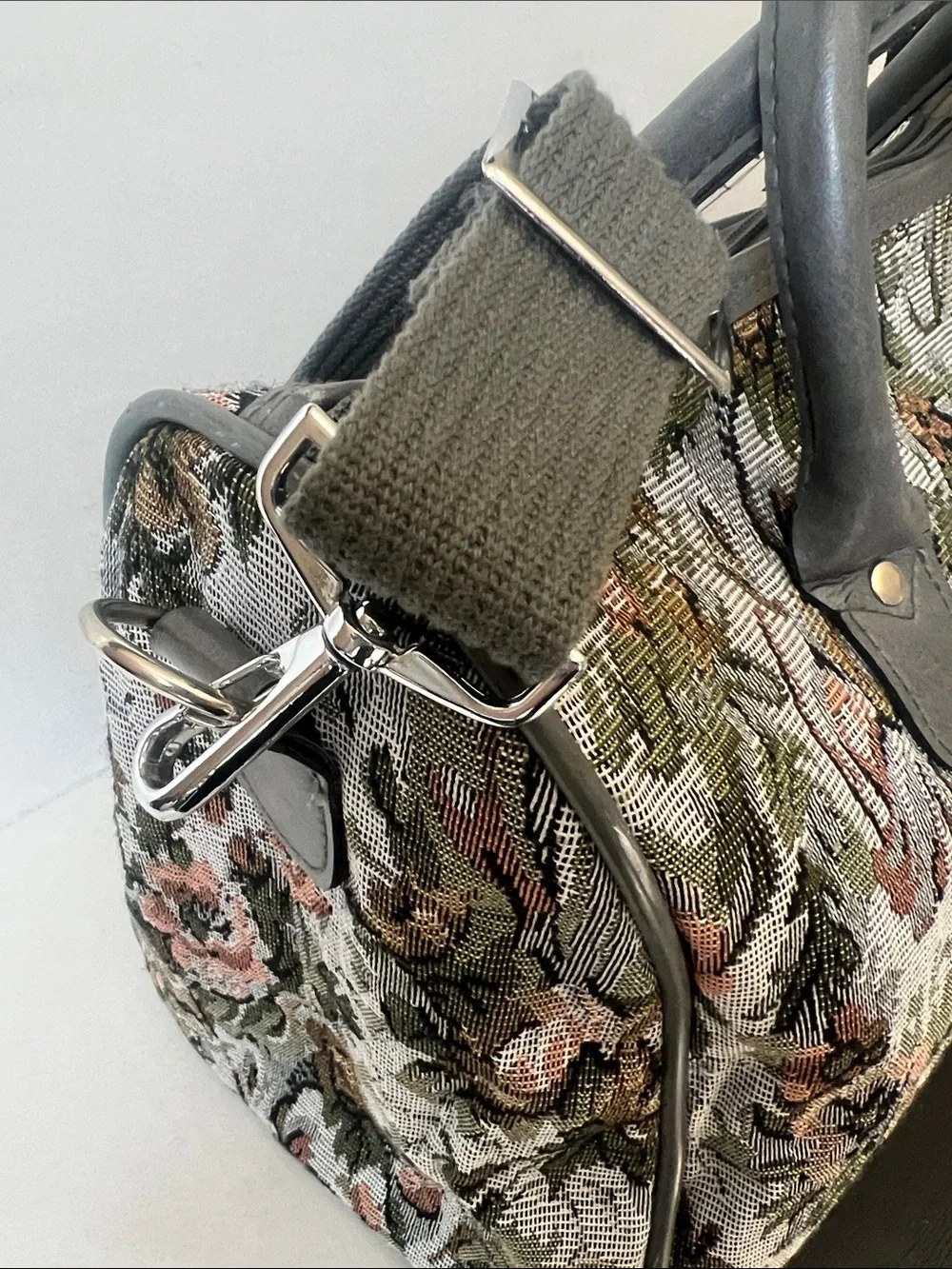Vintage Jordache Floral Tapestry Duffel Bag in Gray with Pink and Olive Accents